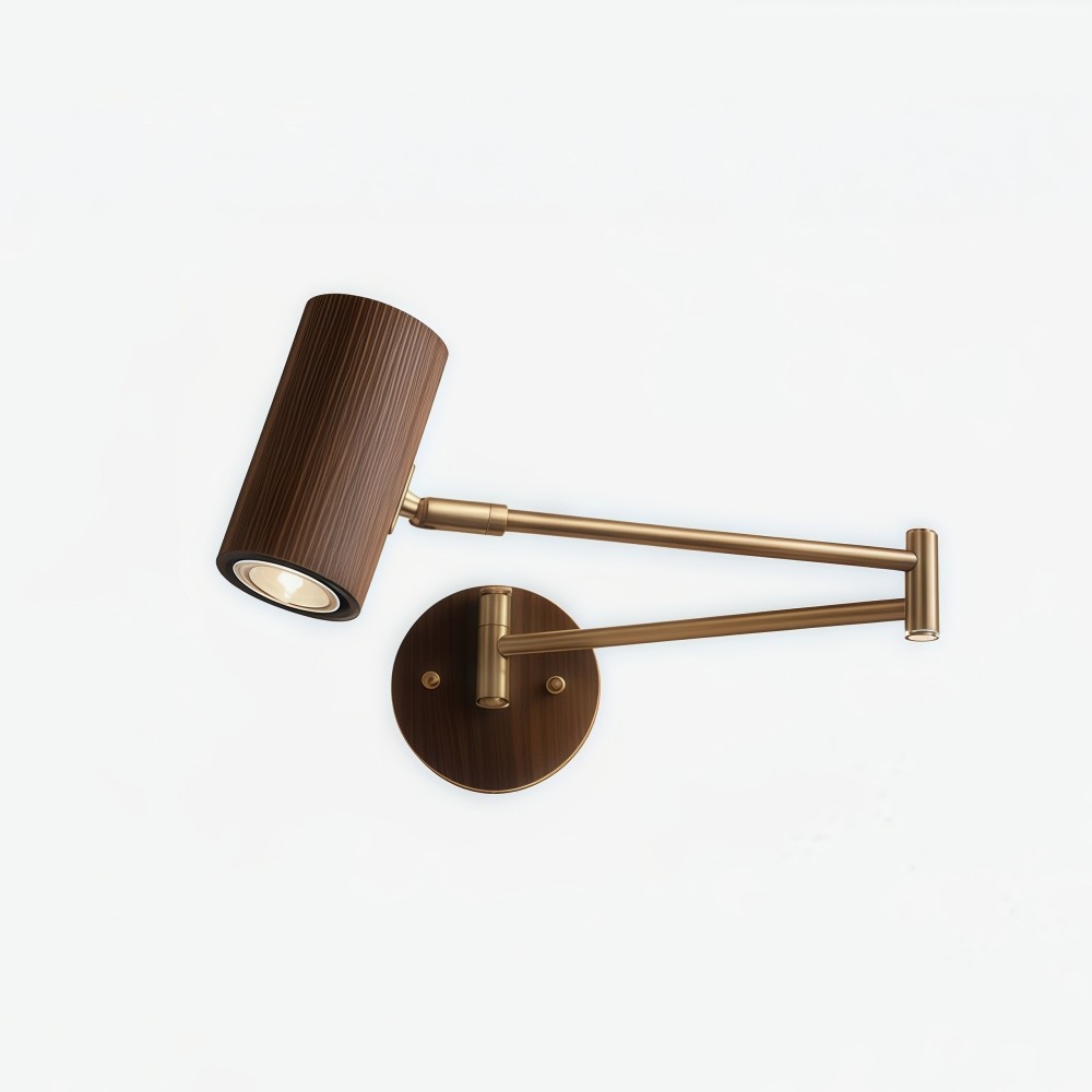Verstelbare wandlamp met cilindervormige zwenkarm van hout en ijzer HL1085