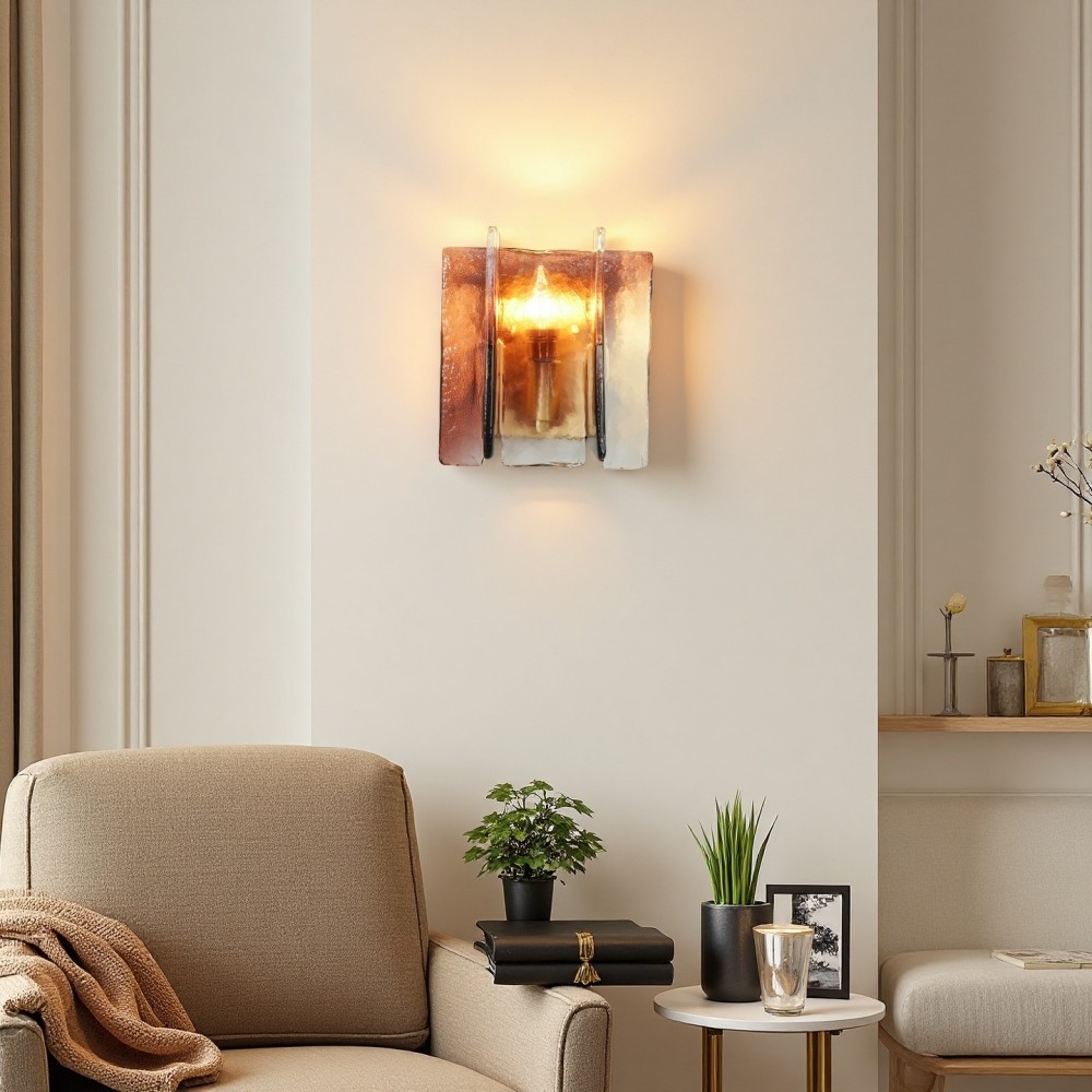 Amberkleurige glazen wandlamp - industriële metalen bedlamp HL1322