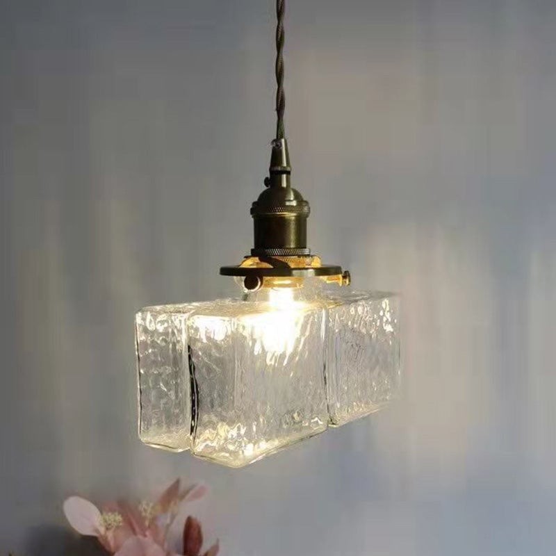 Traditionele vintage vierkante rechthoekige hanglamp met 1 lichtpunt van geribbeld glas en ijzer voor de woonkamer HL1415