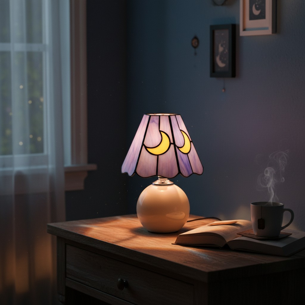 Stellum Paddenstoel Maan Tafellamp van Gebrandschilderd Glas, Artistieke Accentlamp met Keramische Voet voor Woonkamers HL2339