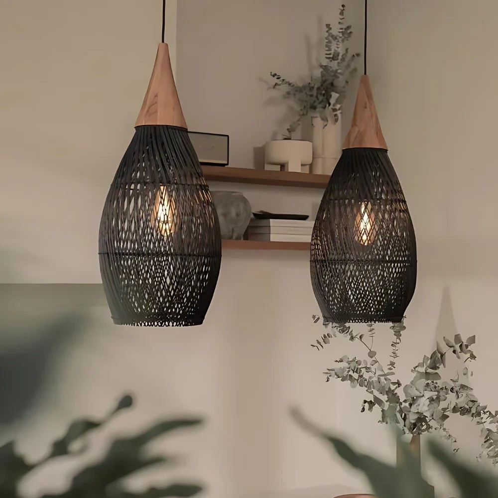 Handgemaakte hanglamp van rotan met wandtapijtmotief HL3392