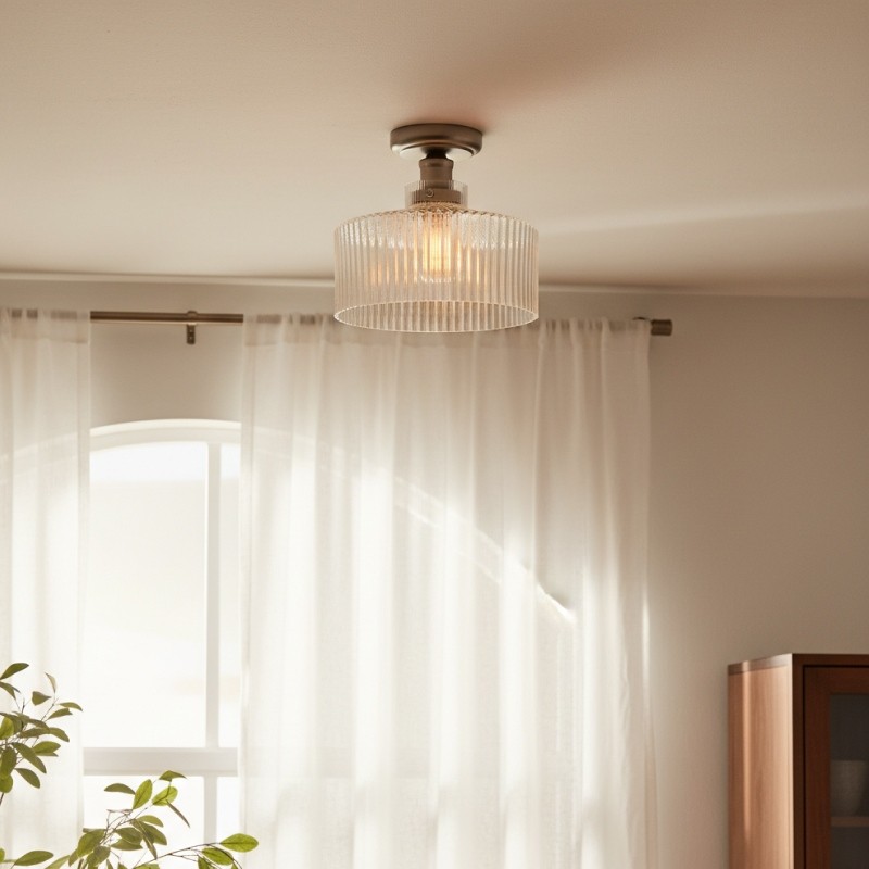 Ribora Vintage - Plafondlamp van geribbeld glas, geïnspireerd op vintage - Industriële stijl, vlak tegen het plafond