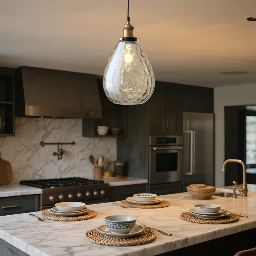 Hanglamp van getextureerd glas in Noordse stijl - Amberkleurige koepelvormige hallamp HL1329