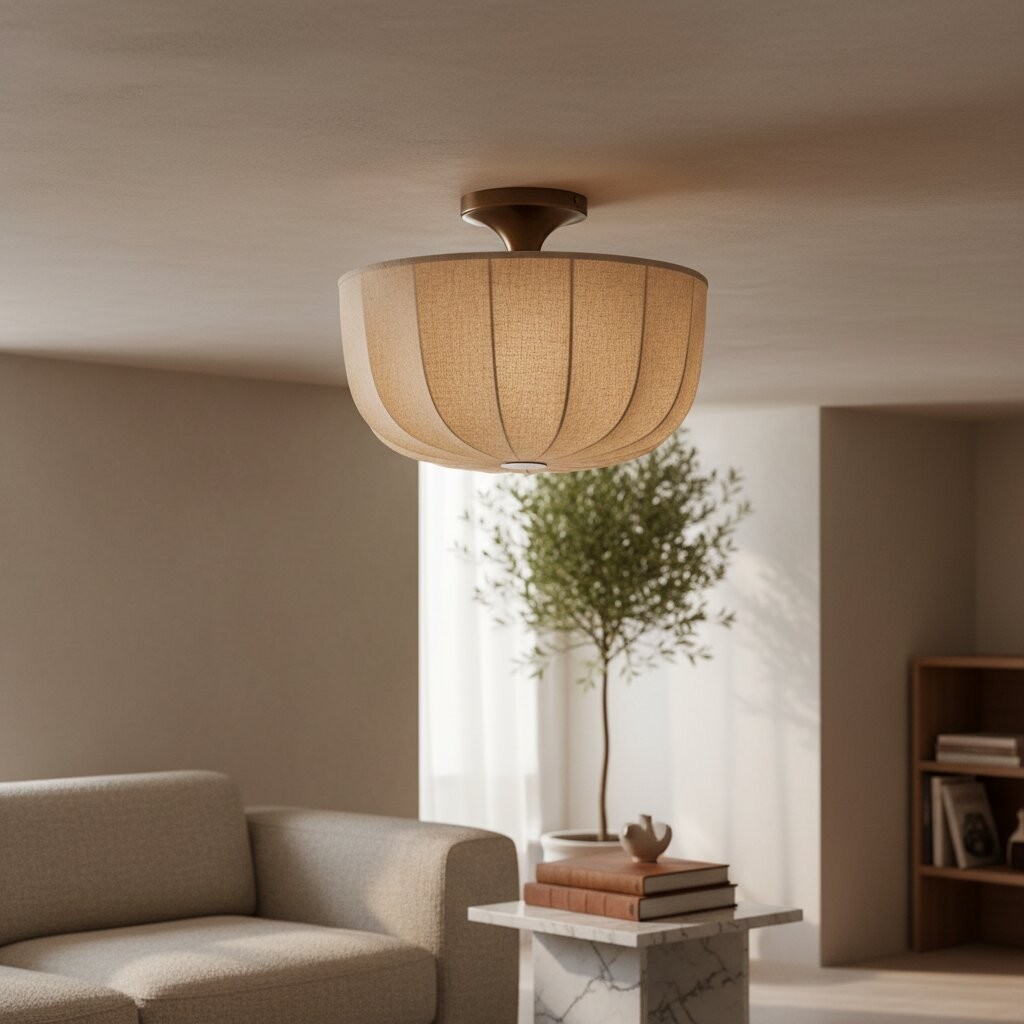 Loomis plafondlamp – Moderne plafondlamp voor woonkamers met een kap van getextureerd linnen en verouderd messing HL2285