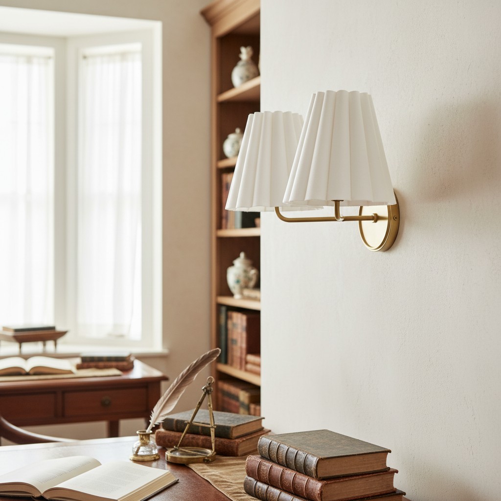Ruffmeto stoffen wandlamp – met geplooide details op een sculpturaal metalen frame voor studeerkamer of hal HL2279