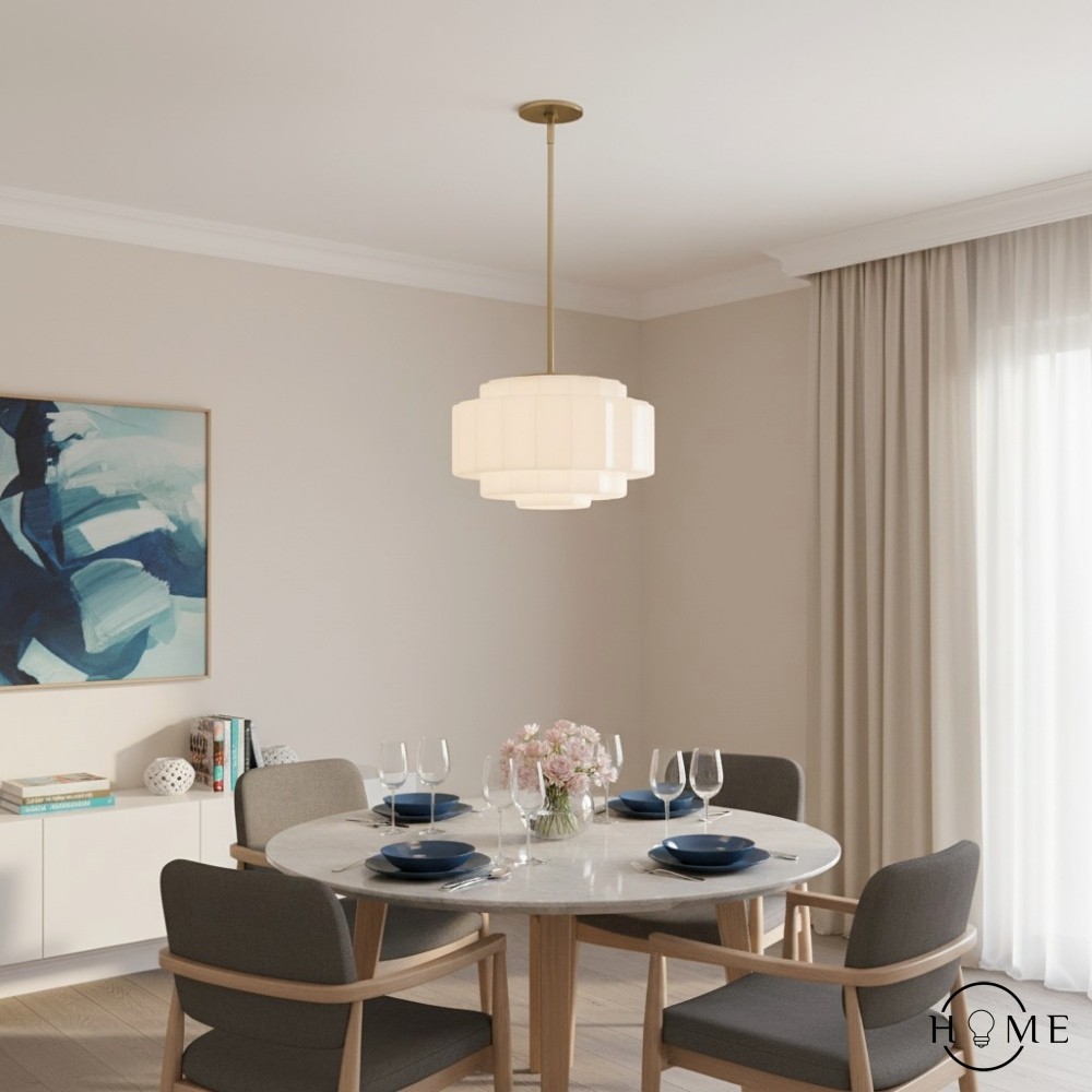 Antieke Messing Hanglamp met Opaalglas - Vintage Hanglamp met Meerdere lagen voor de Eetkamer HL1042