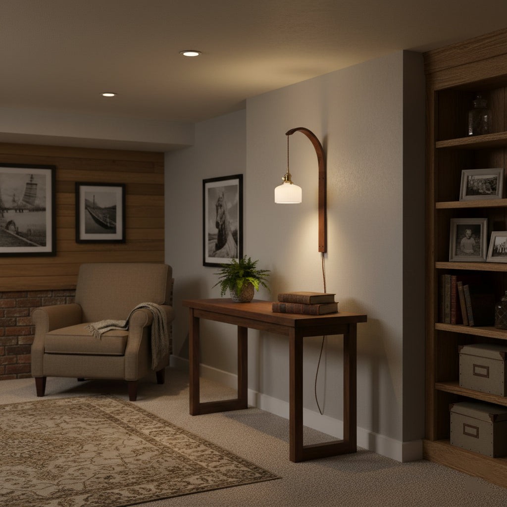 Gebogen walnootkleurige keramische wandlamp met stekker HL3051