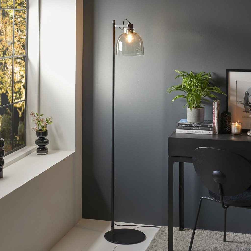 Readium industriële vloerlamp - Verstelbare glazen kop met metalen voet voor woonkamer en slaapkamer HL2063