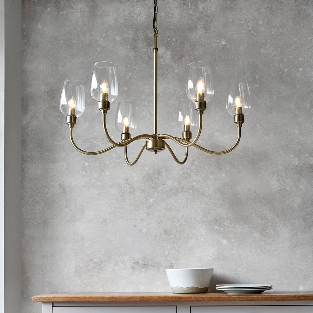Clarione Art Deco lineaire kroonluchter met 6 lampen en geblazen glazen kappen voor de keuken HL2125