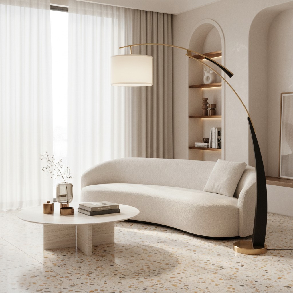 AstraLoop Moderne Boogvormige Stoffen Vloerlamp - Elegant, Slank, Gebogen Metalen Ontwerp voor Interieurs HL2480