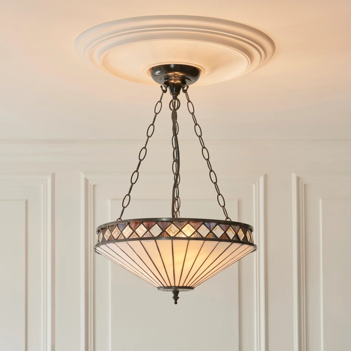 TF Fargo Verstelbare Hanglamp met Glas-in-lood-geïnspireerde omgekeerde kap voor kookeiland en eettafel HL2177