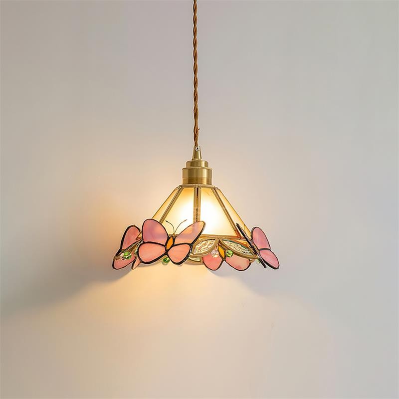 Franse Retro Glazen Roze Vlinder Hanglamp HL814