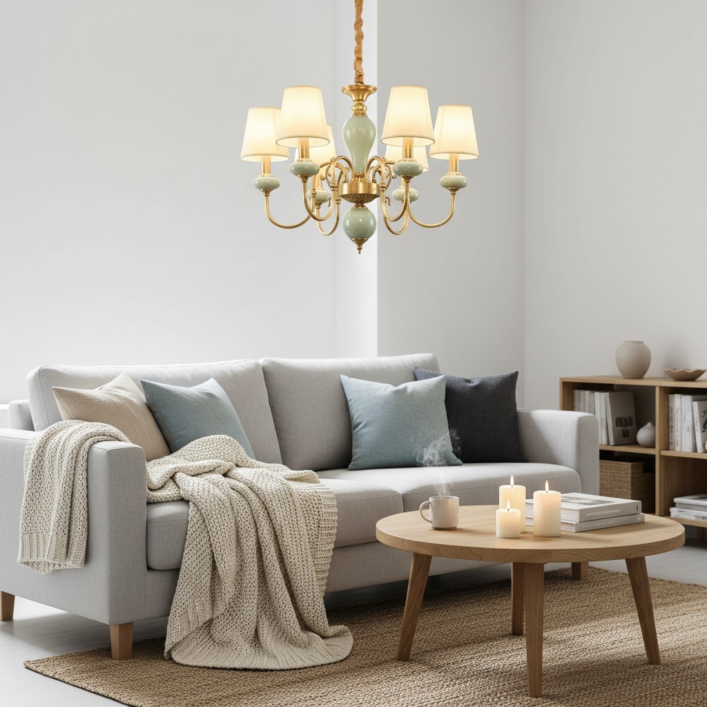 Altoris Serie Kroonluchter met Stoffen Lampenkappen - Messing Keramische Kroonluchter voor Woonkamer HL2479