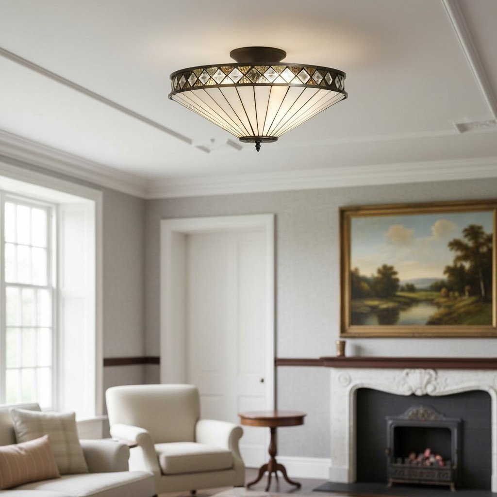 TF Fargo Semi-Flush Plafondlamp - Een klassieke art deco lamp met een decoratieve glazen kap voor gebruik in meerdere ruimtes