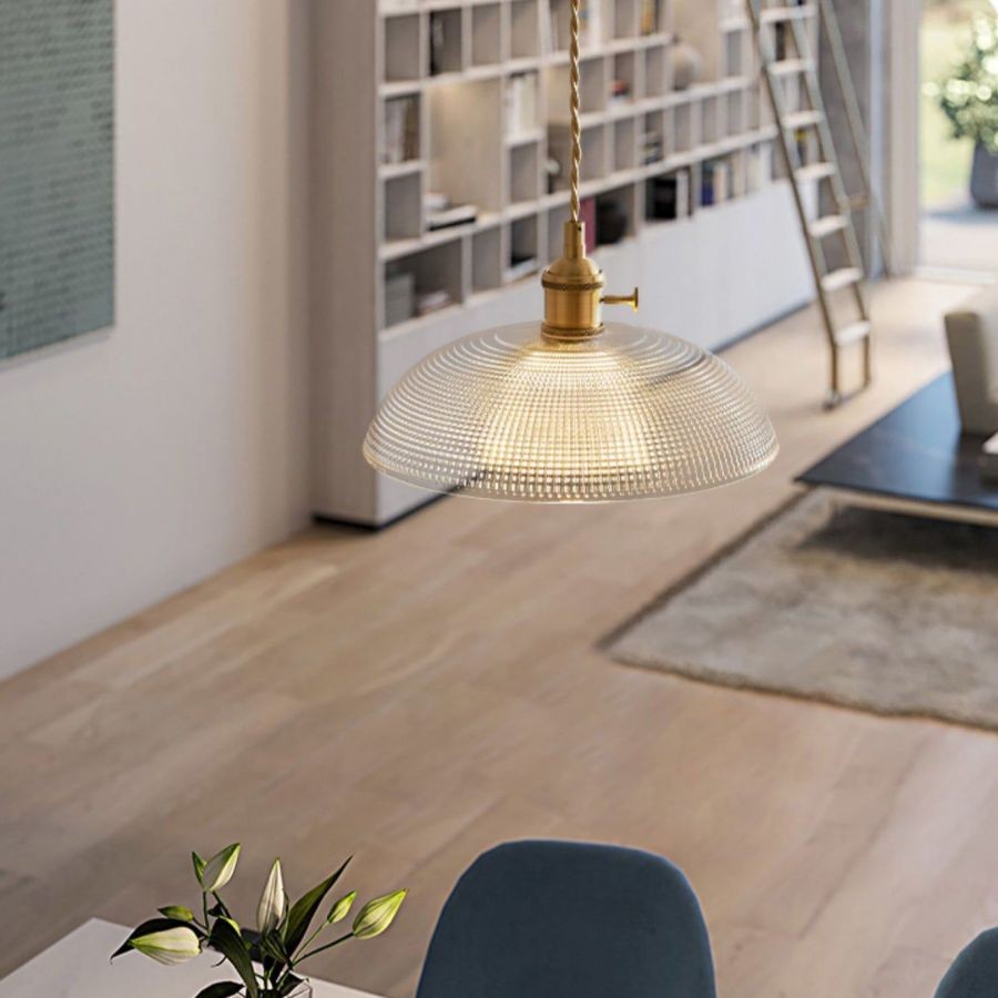 Vintage koperen geribbelde glazen hanglamp HL186
