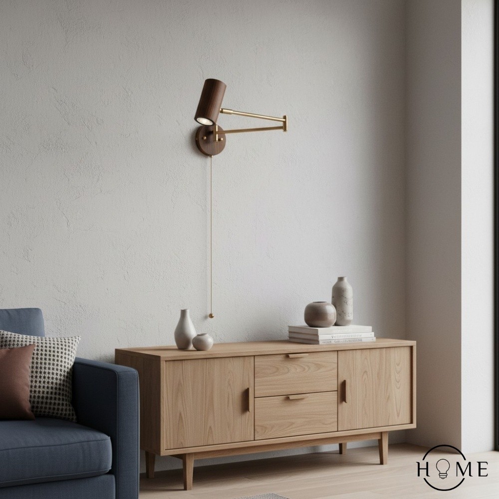 Verstelbare wandlamp met cilindervormige zwenkarm van hout en ijzer HL1085