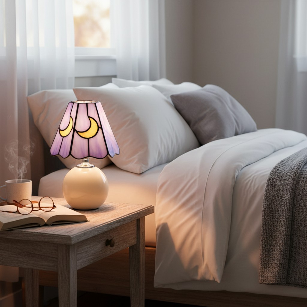 Stellum Paddenstoel Maan Tafellamp van Gebrandschilderd Glas, Artistieke Accentlamp met Keramische Voet voor Woonkamers HL2339