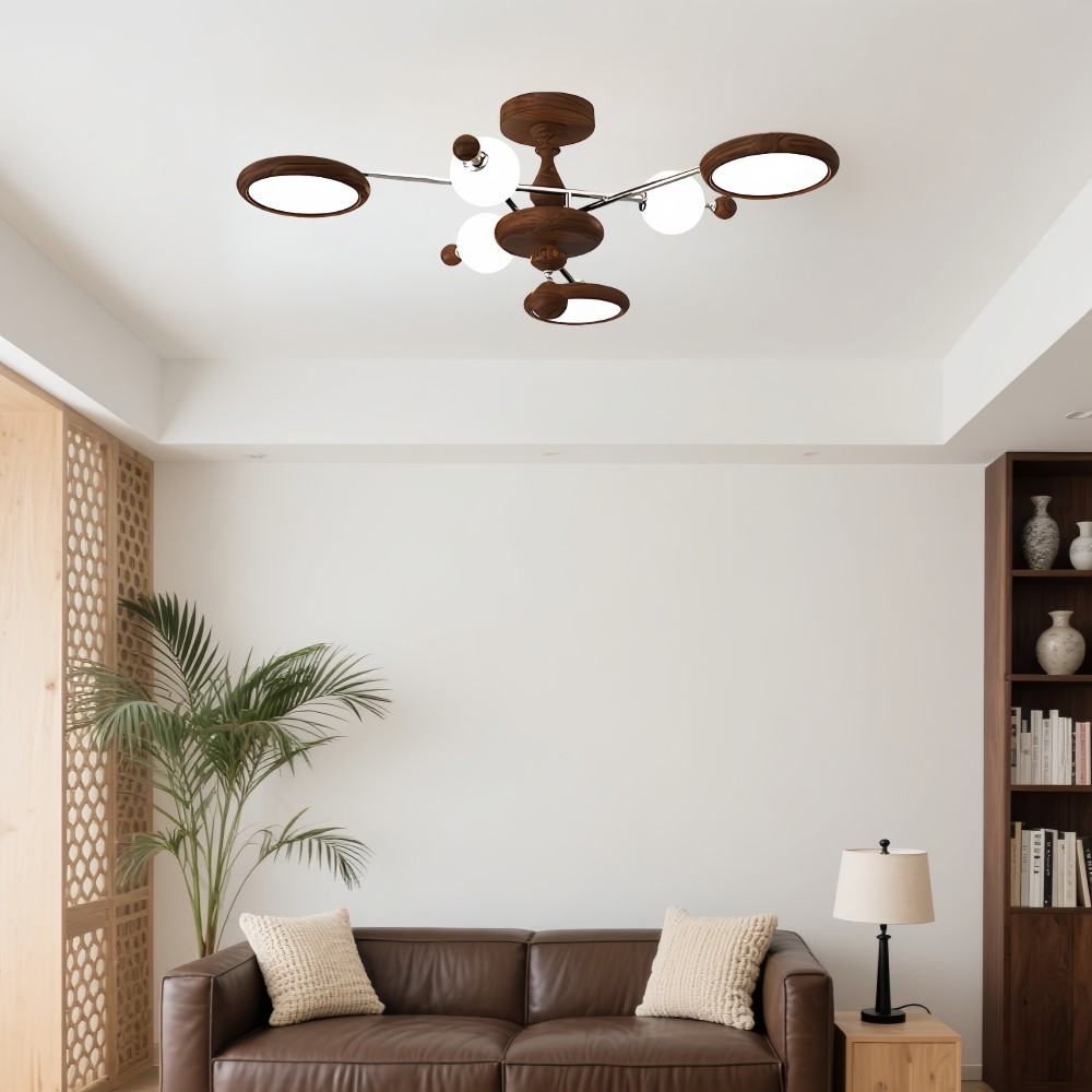 Walnoot Sputnik Plafondlamp - Retro Vertakte Lamp voor Slaapkamer HL1325