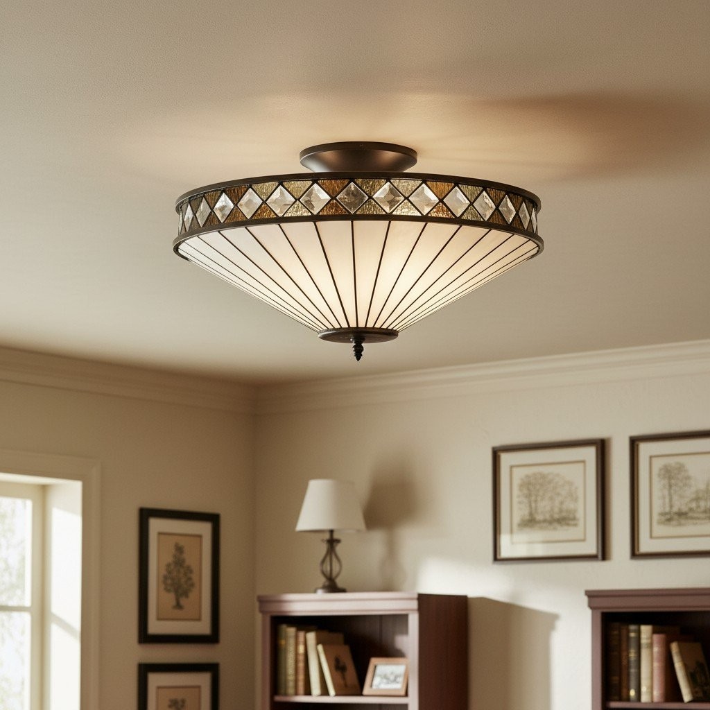 TF Fargo Semi-Flush Plafondlamp - Een klassieke art deco lamp met een decoratieve glazen kap voor gebruik in meerdere ruimtes