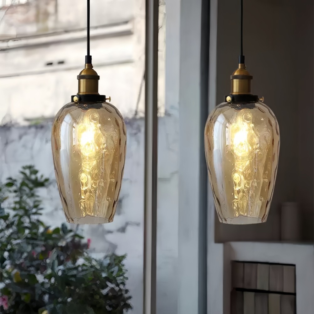 Hanglamp van getextureerd glas in Noordse stijl - Amberkleurige koepelvormige hallamp HL1329