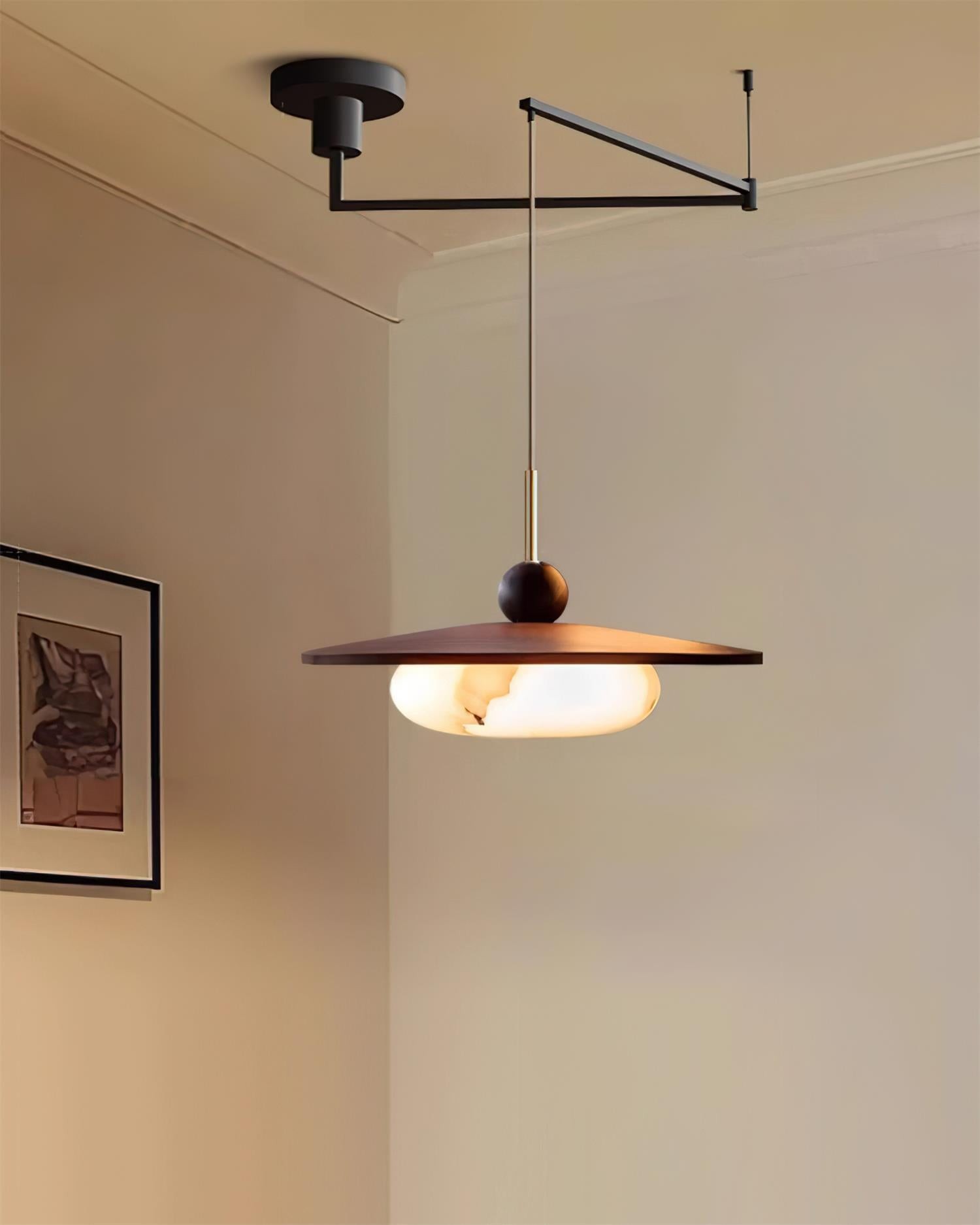Moderne hanglamp met houten schijf en zwenkarm HL1057