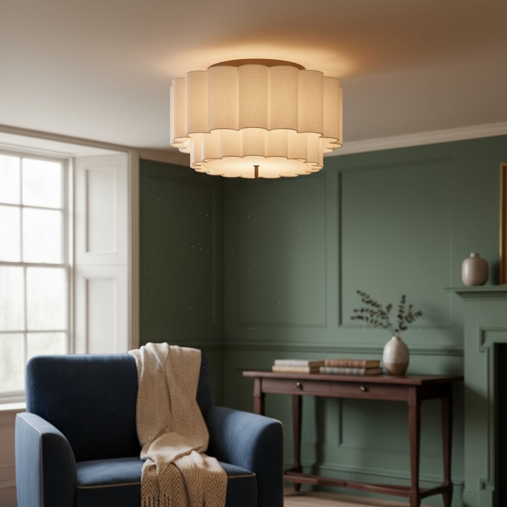 Linbron Flush Lighting – Moderne plafondlamp met geschulpte linnen kap en bronzen afwerking voor de eetkamer HL2284