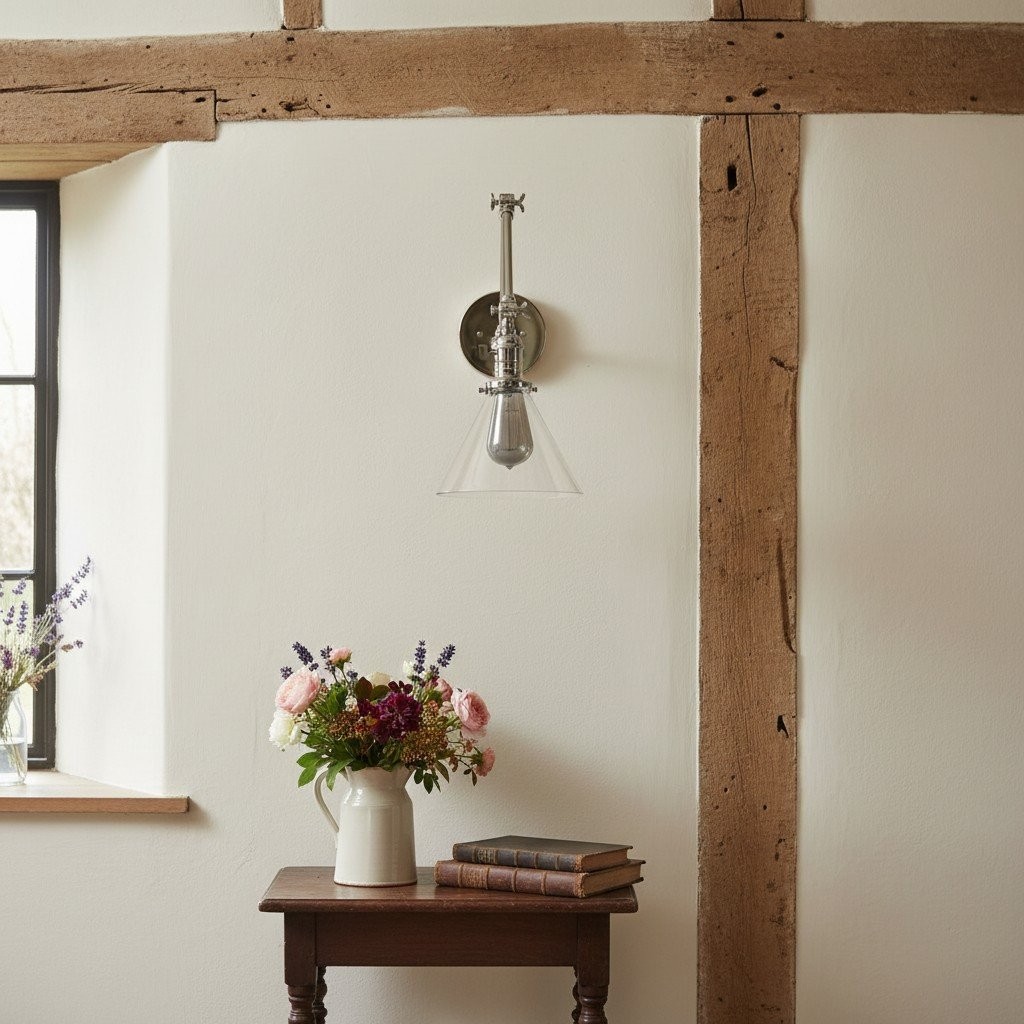 Conique metalen industriële wandlamp met verstelbare arm - vintage glazen kegelvormige kap HL1673