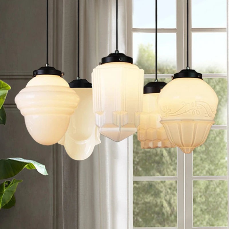 Vintage witte geometrische hanglamp van melkglas HL1022