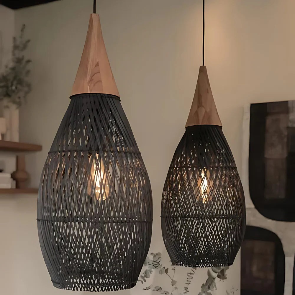 Handgemaakte hanglamp van rotan met wandtapijtmotief HL3392