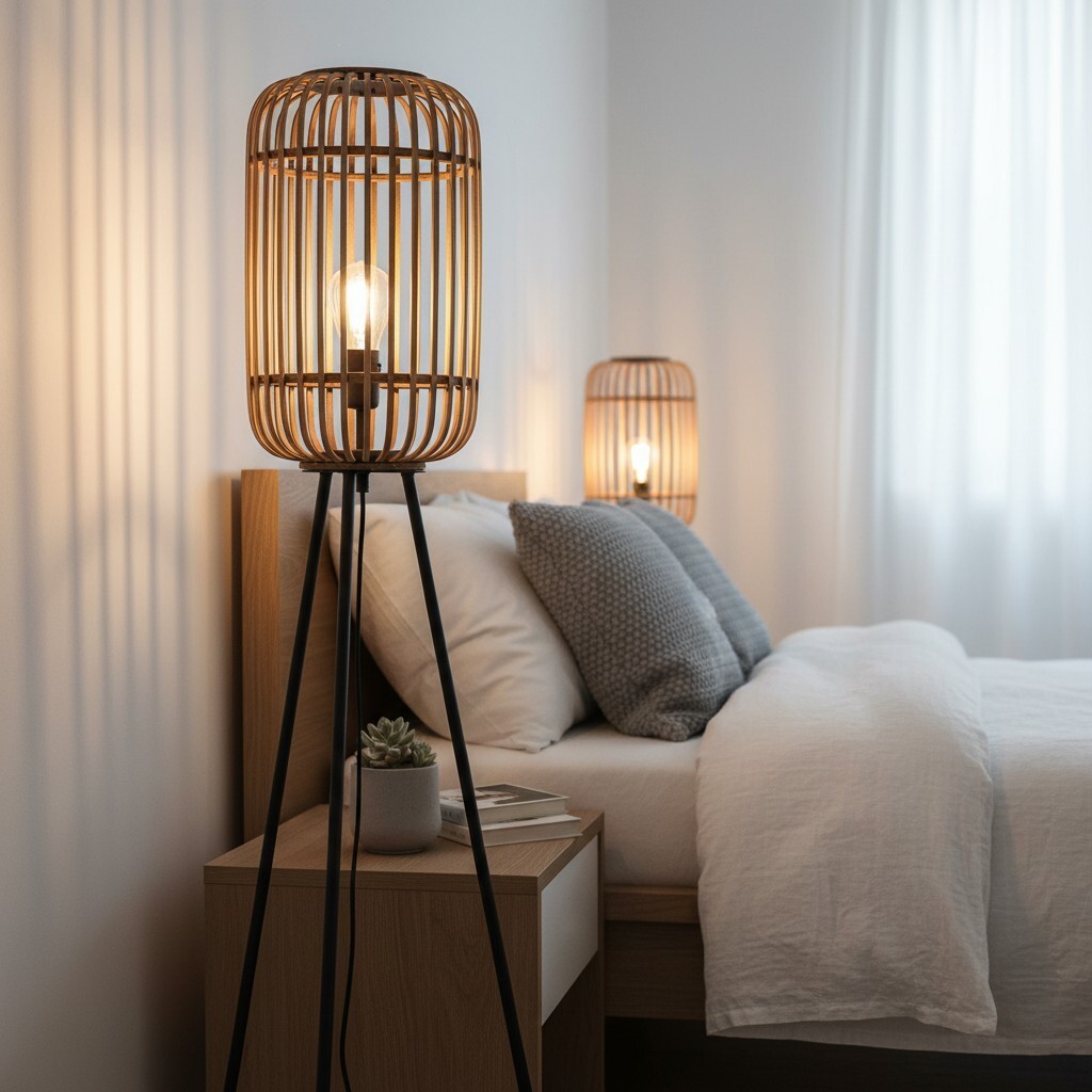 Yumeko Natural Woven Floor Lamp - Moderne Scandinavische staande lamp met bamboekap voor slaapkamers of woonkamers HL2167
