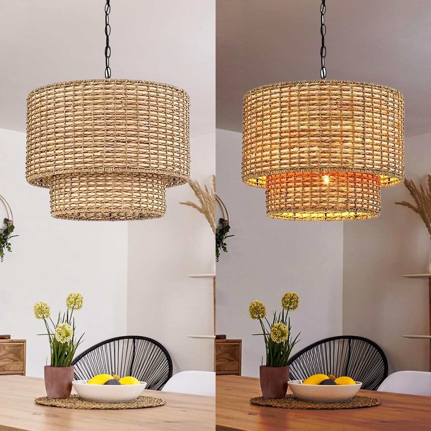 Natuurlijke rotan dubbele trommel hanglamp met zwarte kap HL1001