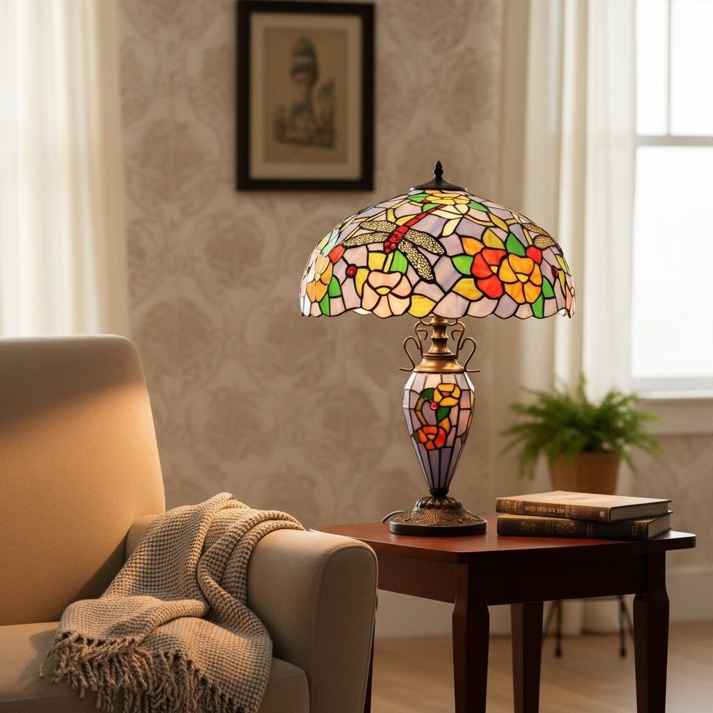 TF Keswick Dragonfly Tiffany tafellamp - Handgemaakte glas-in-loodkap voor woonkamer of slaapkamer HL2133