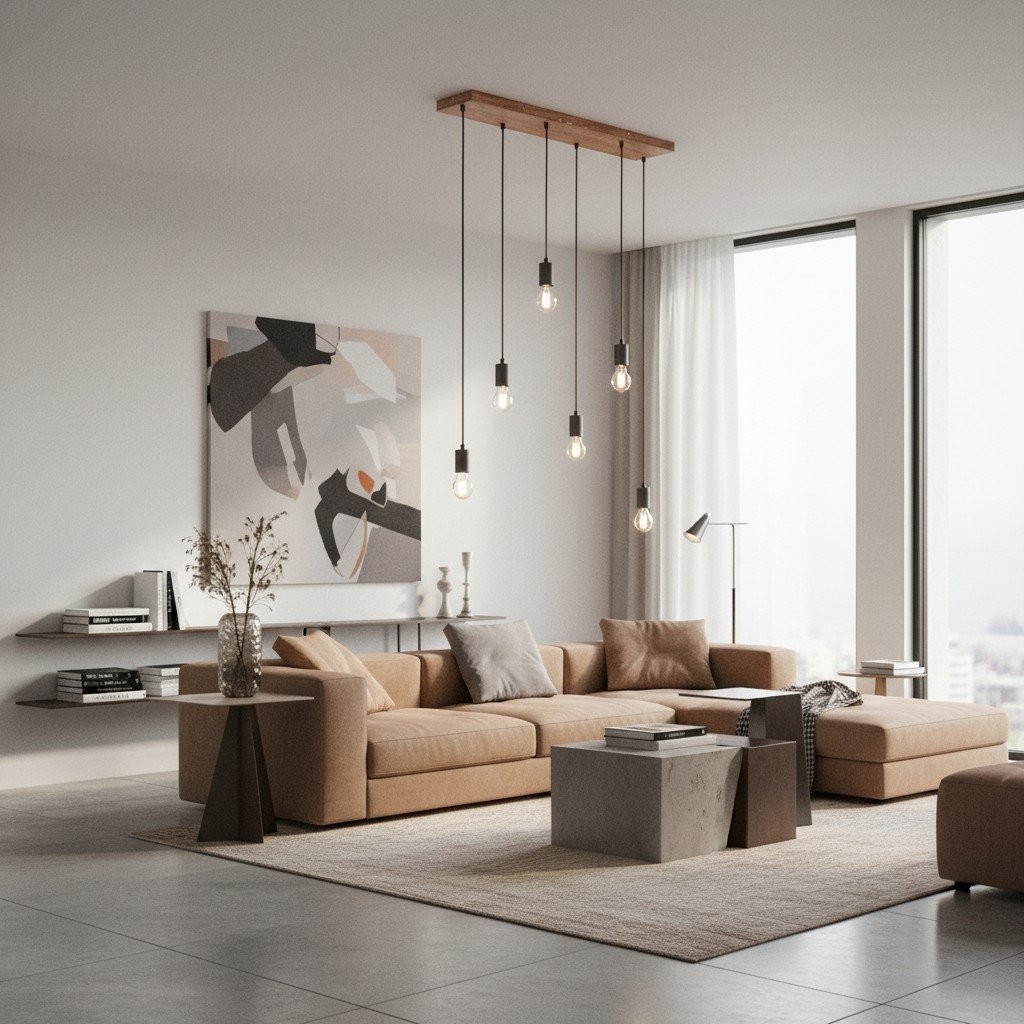 Vornix 6-lichts lineaire hanglamp - Modern industrieel armatuur met houten balk voor keukeneiland en eetkamer HL2049