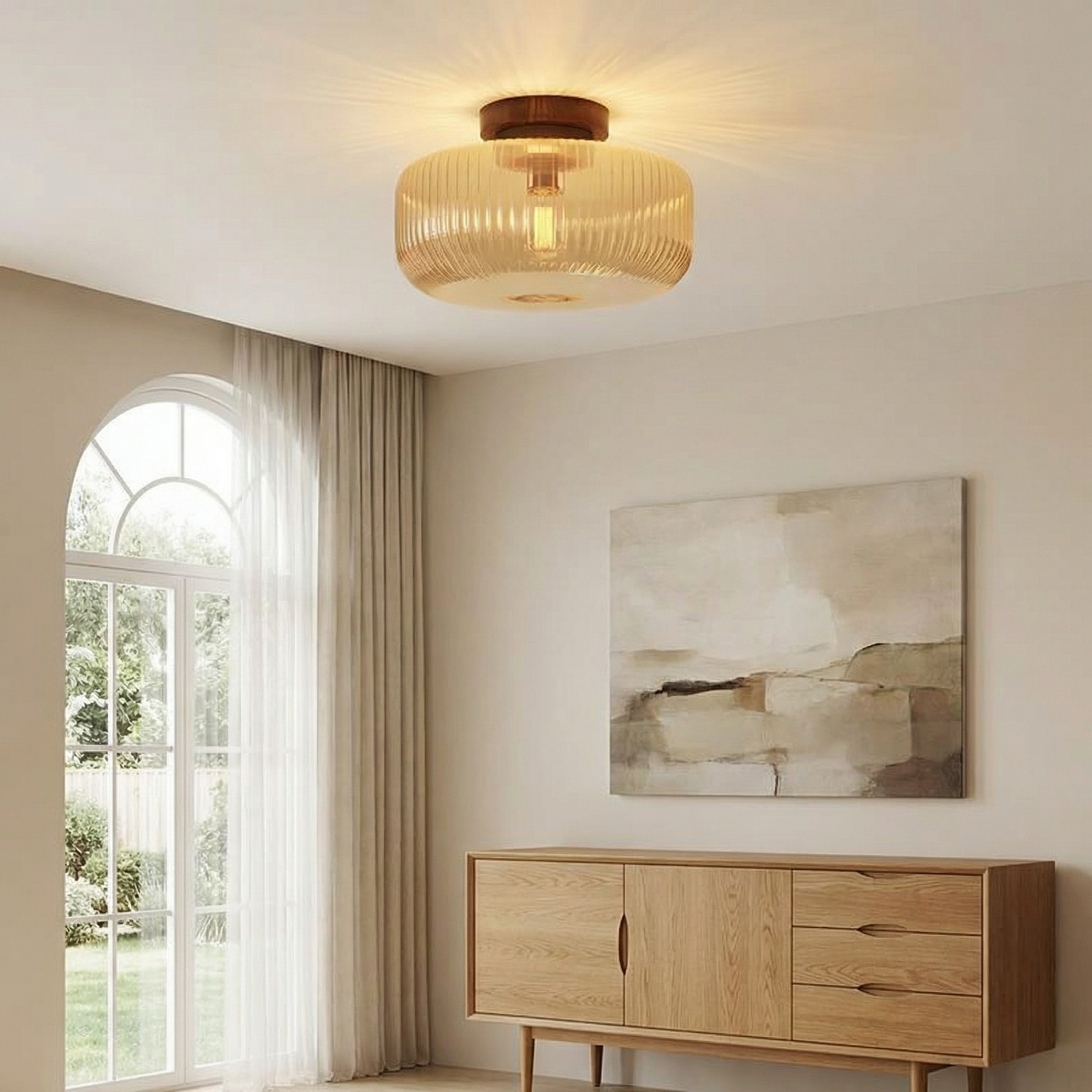 Amberflow Retro Amberkleurige Plafondlamp met Geribbeld Glas – Ronde Plafondlamp voor Gang en Entree HL2434