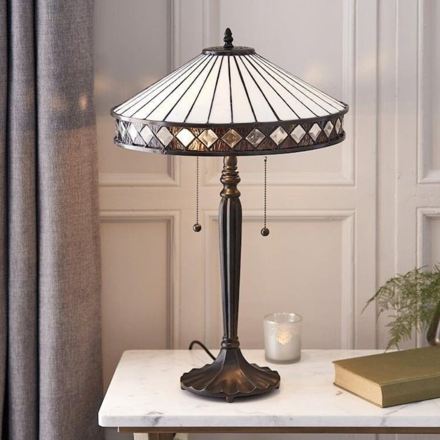 TF Fargo Geometrische Lamp in Tiffany-stijl - Amberkleurig en crèmekleurig glas, accentverlichting voor slaapkamer of