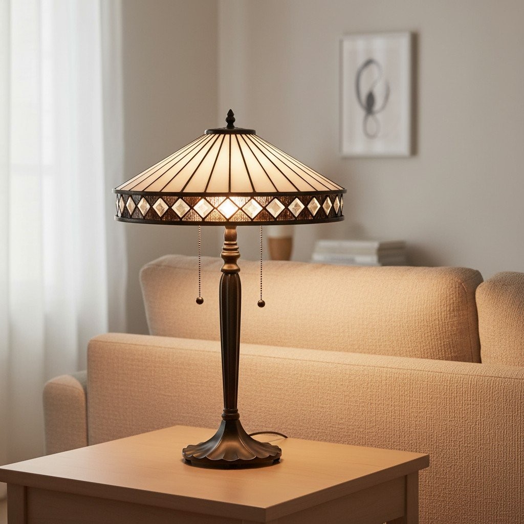 TF Fargo Geometrische Lamp in Tiffany-stijl - Amberkleurig en crèmekleurig glas, accentverlichting voor slaapkamer of