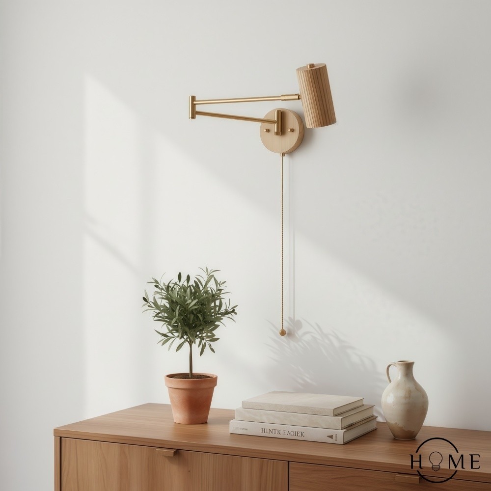 Verstelbare wandlamp met cilindervormige zwenkarm van hout en ijzer HL1085
