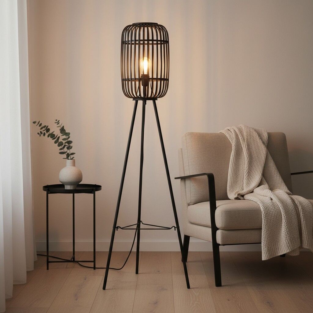 Yumeko Natural Woven Floor Lamp - Moderne Scandinavische staande lamp met bamboekap voor slaapkamers of woonkamers HL2167