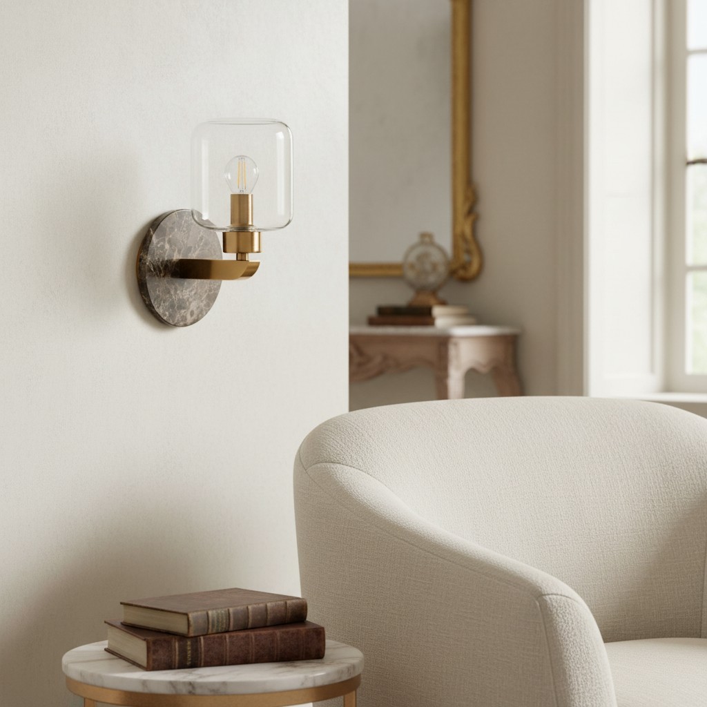 Korlisse Moderne Marmeren Wandlamp - Vintage Messing & Helder Glas Accentlamp voor Woonkamer en Hal HL2145