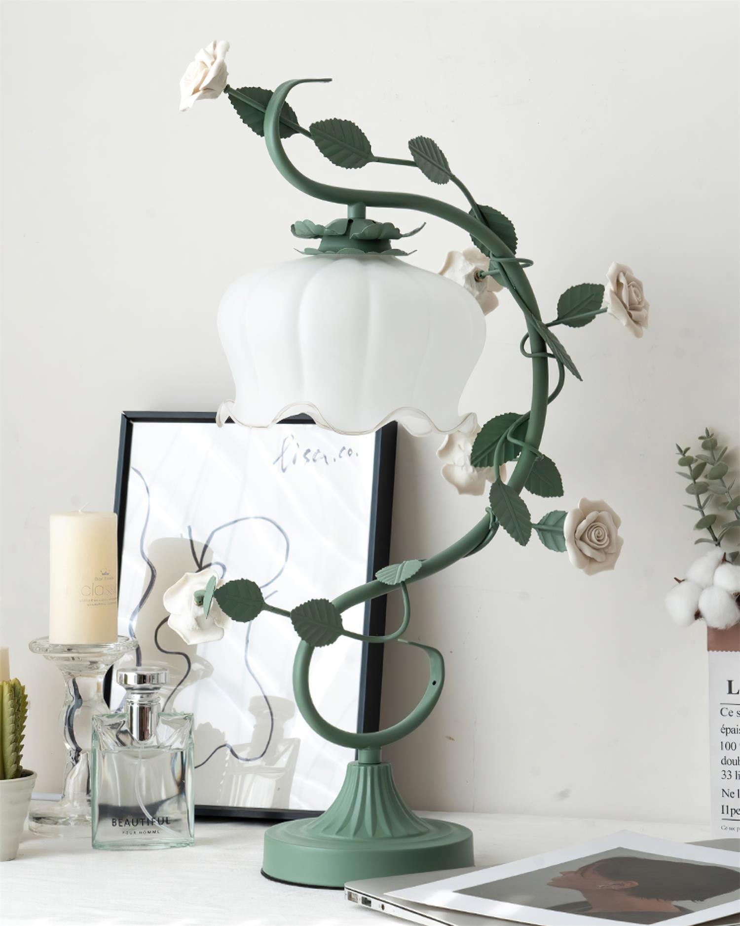 Groen Roze Wit Rozen Bloem Tafellamp HL767