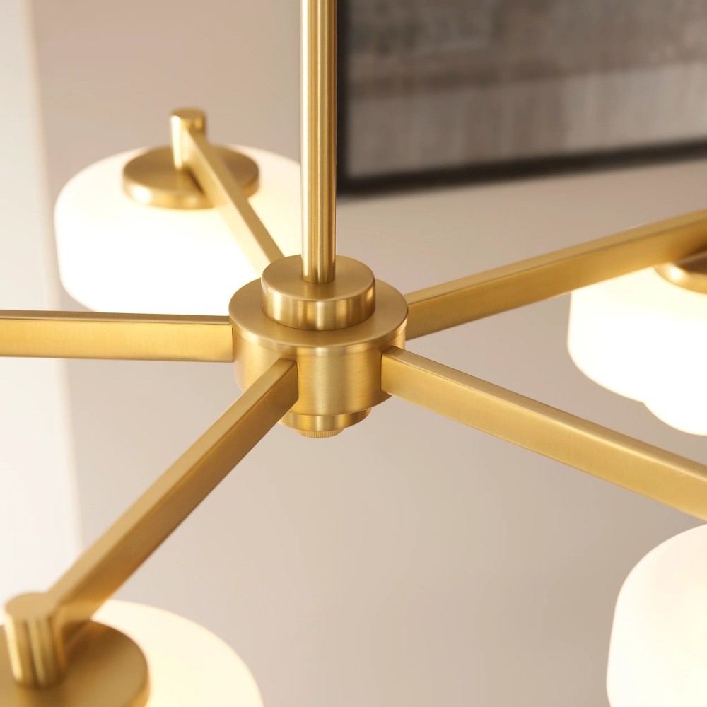 Hanglamp Zirvos met matglazen opalen bollen en geborsteld messing frame voor woon- en eetkamer HL2132