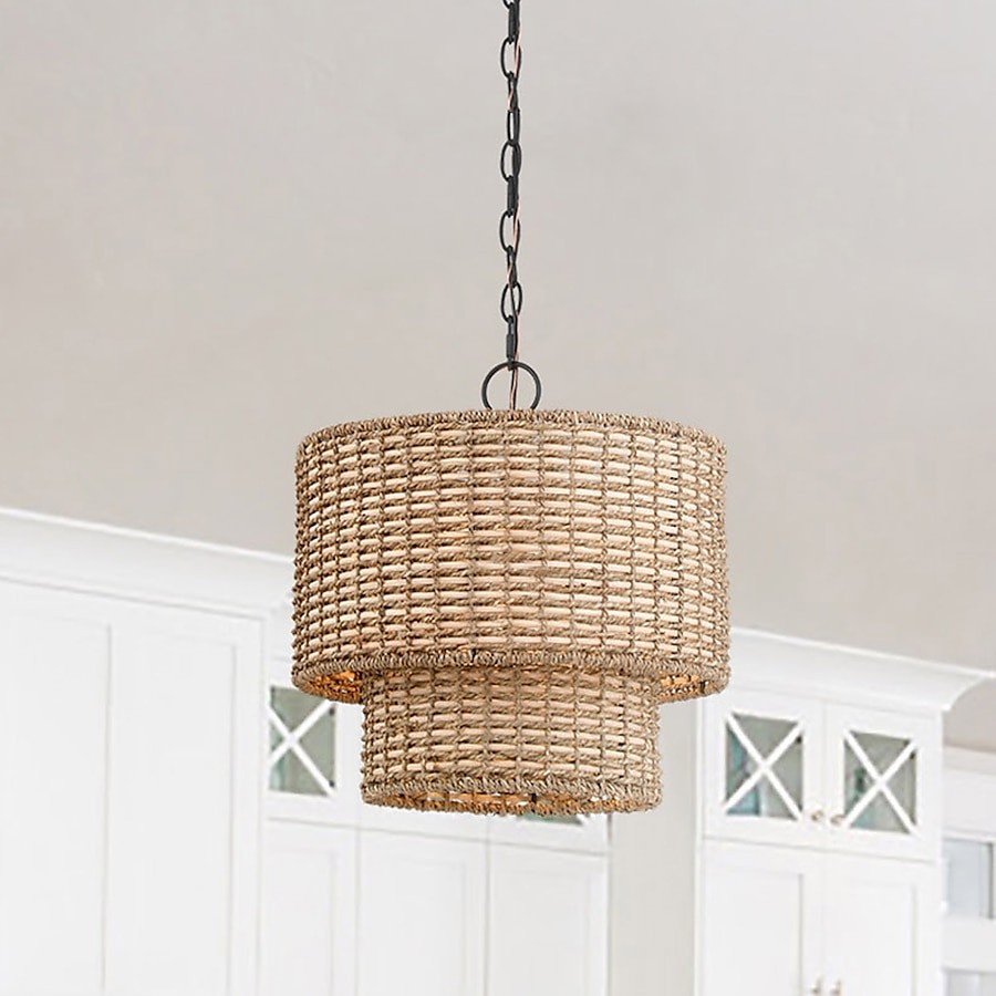 Natuurlijke rotan dubbele trommel hanglamp met zwarte kap HL1001