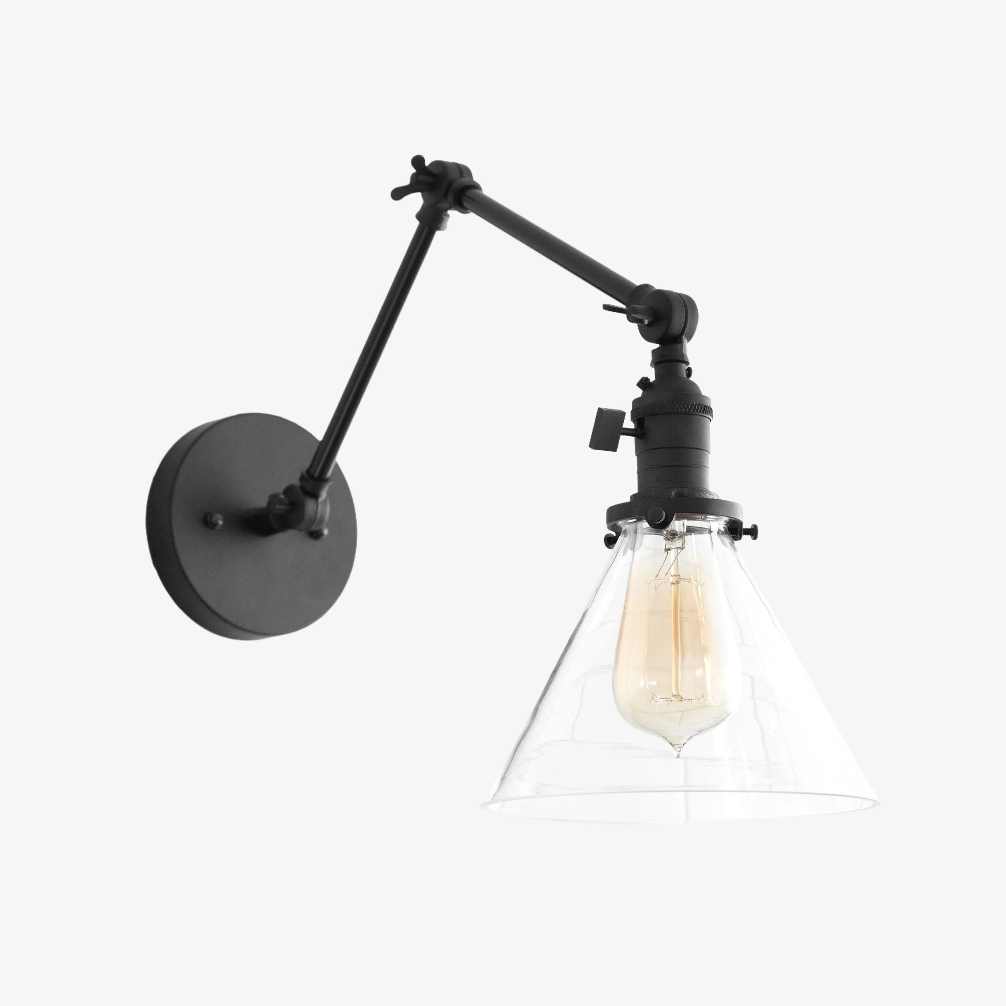 Conique metalen industriële wandlamp met verstelbare arm - vintage glazen kegelvormige kap HL1673