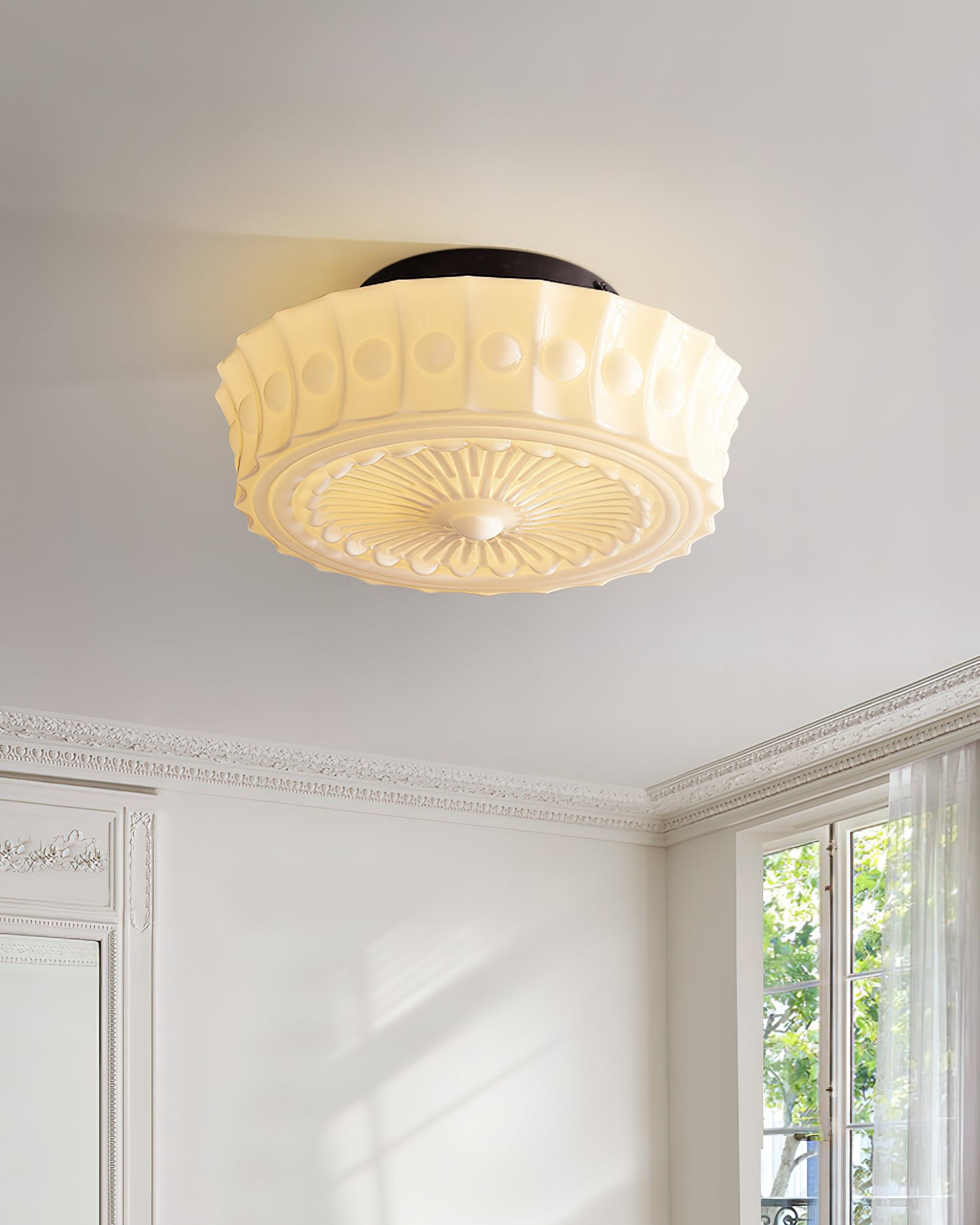Franse vintage glazen plafondlamp in crèmestijl HL555