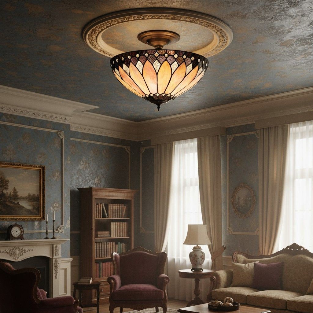 TF Brooklyn Tiffany plafondlamp met halfverzonken armatuur - Geometrische glazen kap voor gangen of woonkamers HL2243