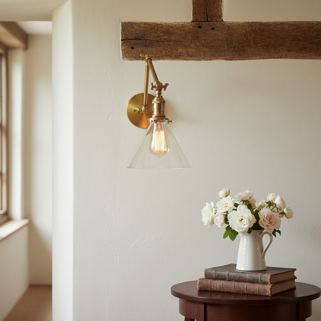 Conique metalen industriële wandlamp met verstelbare arm - vintage glazen kegelvormige kap HL1673