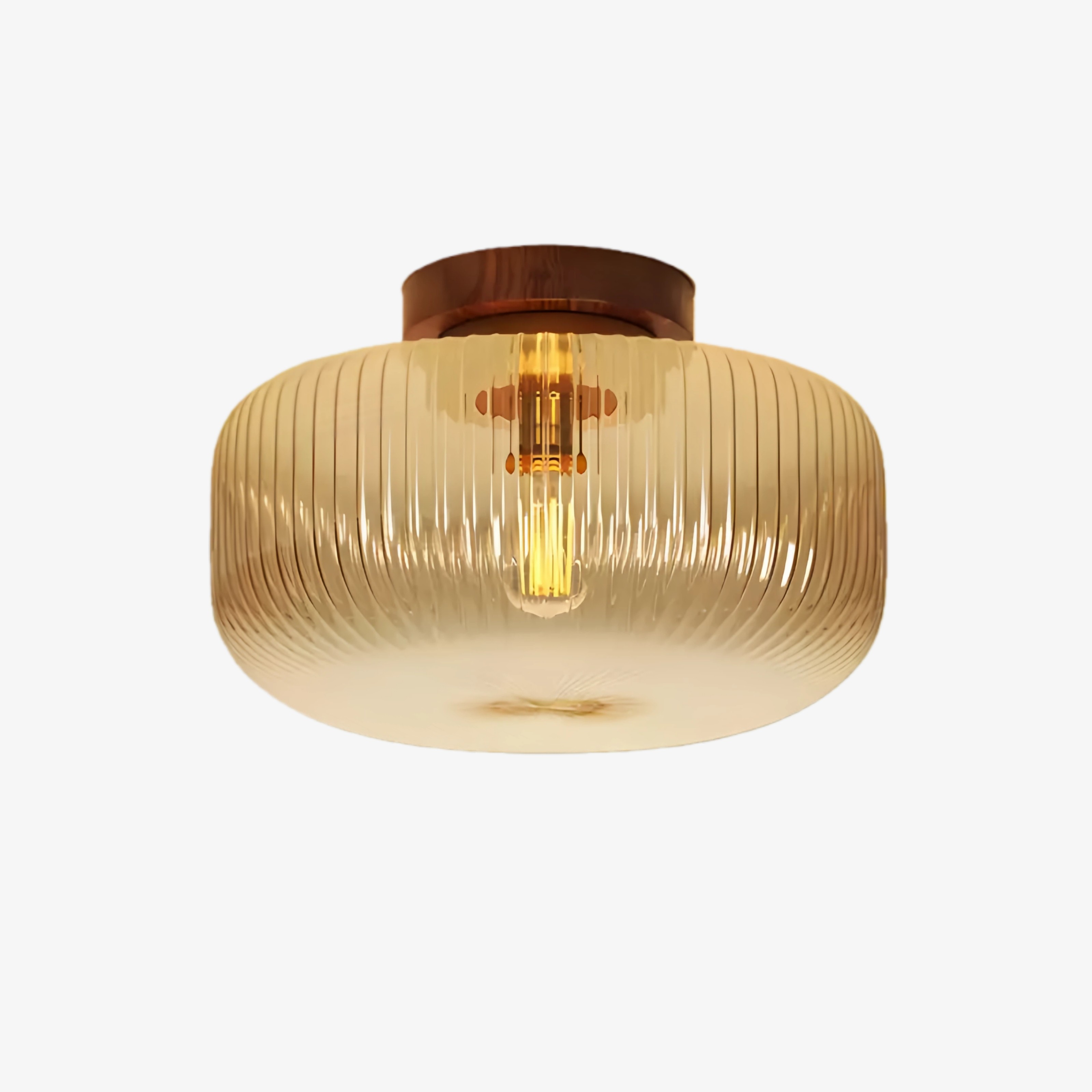 Amberflow Retro Amberkleurige Plafondlamp met Geribbeld Glas – Ronde Plafondlamp voor Gang en Entree HL2434