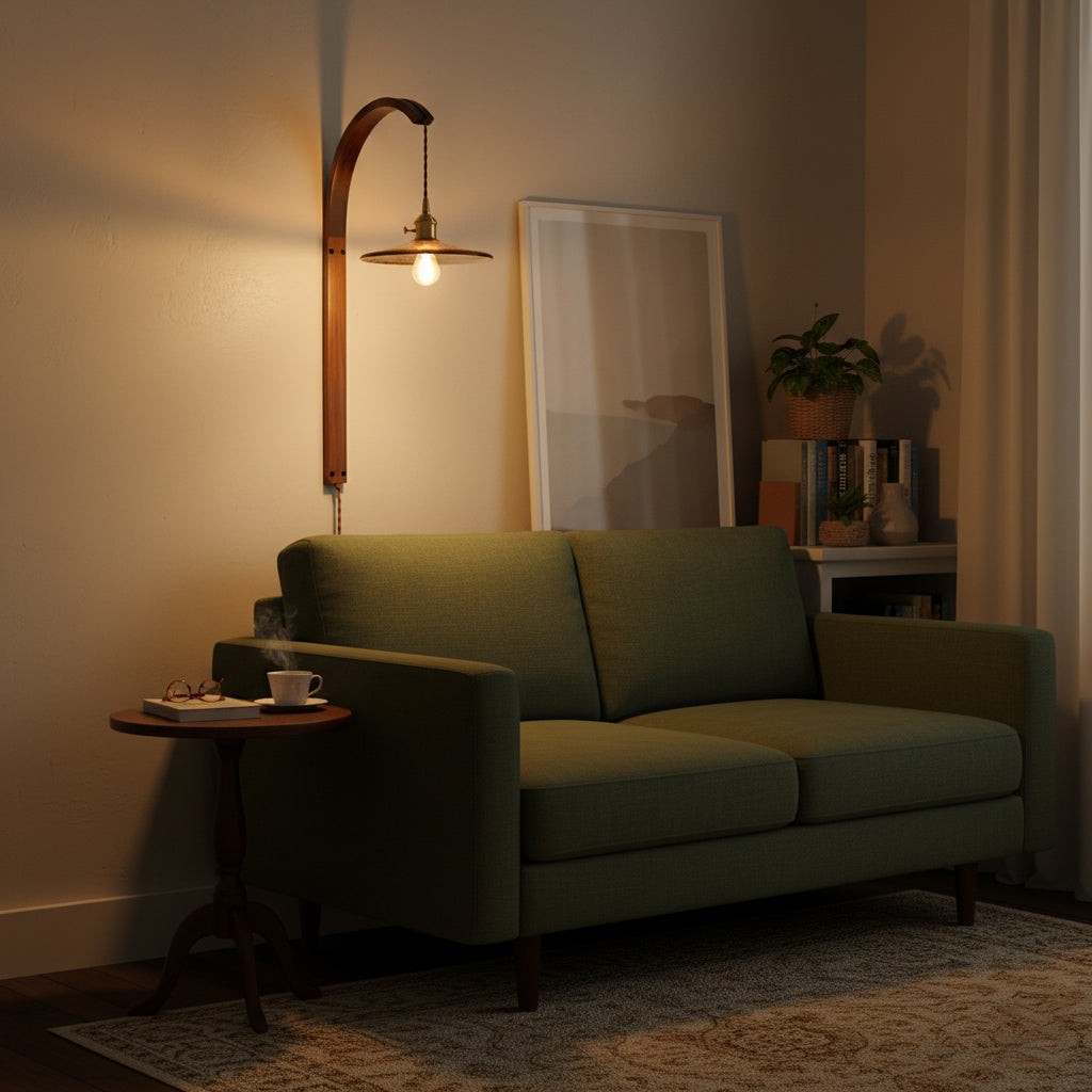 Gebogen walnootkleurige keramische wandlamp met stekker HL3051