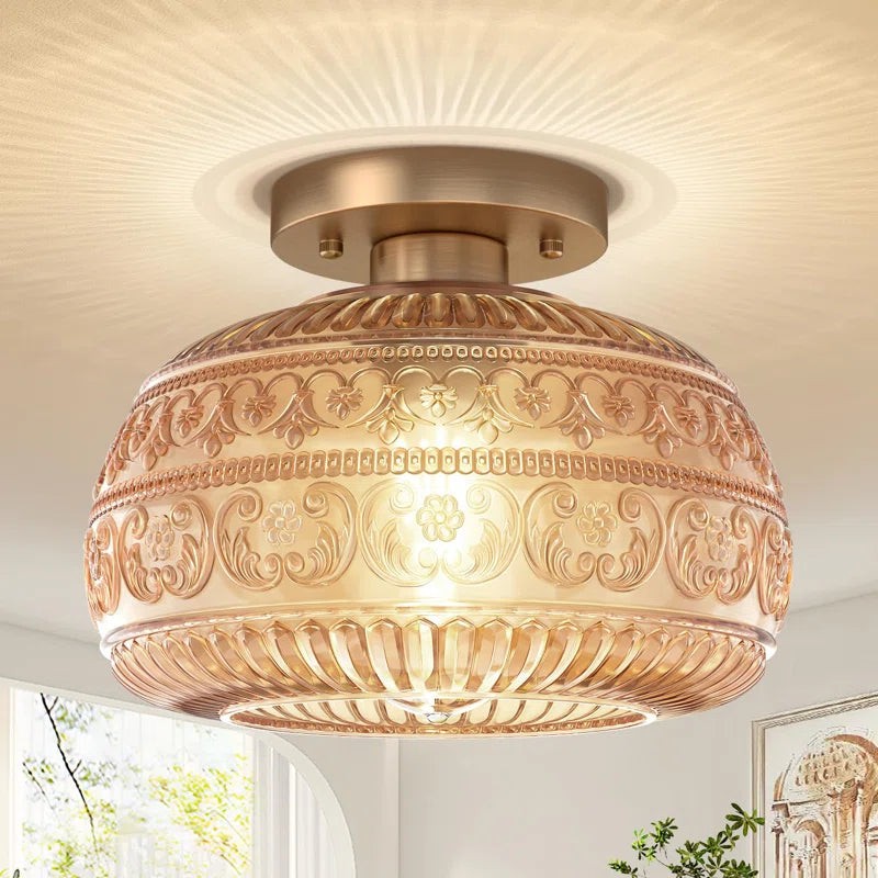 Flora Gegraveerd Patroon Glazen Semi-Inbouw Plafondlamp HL978