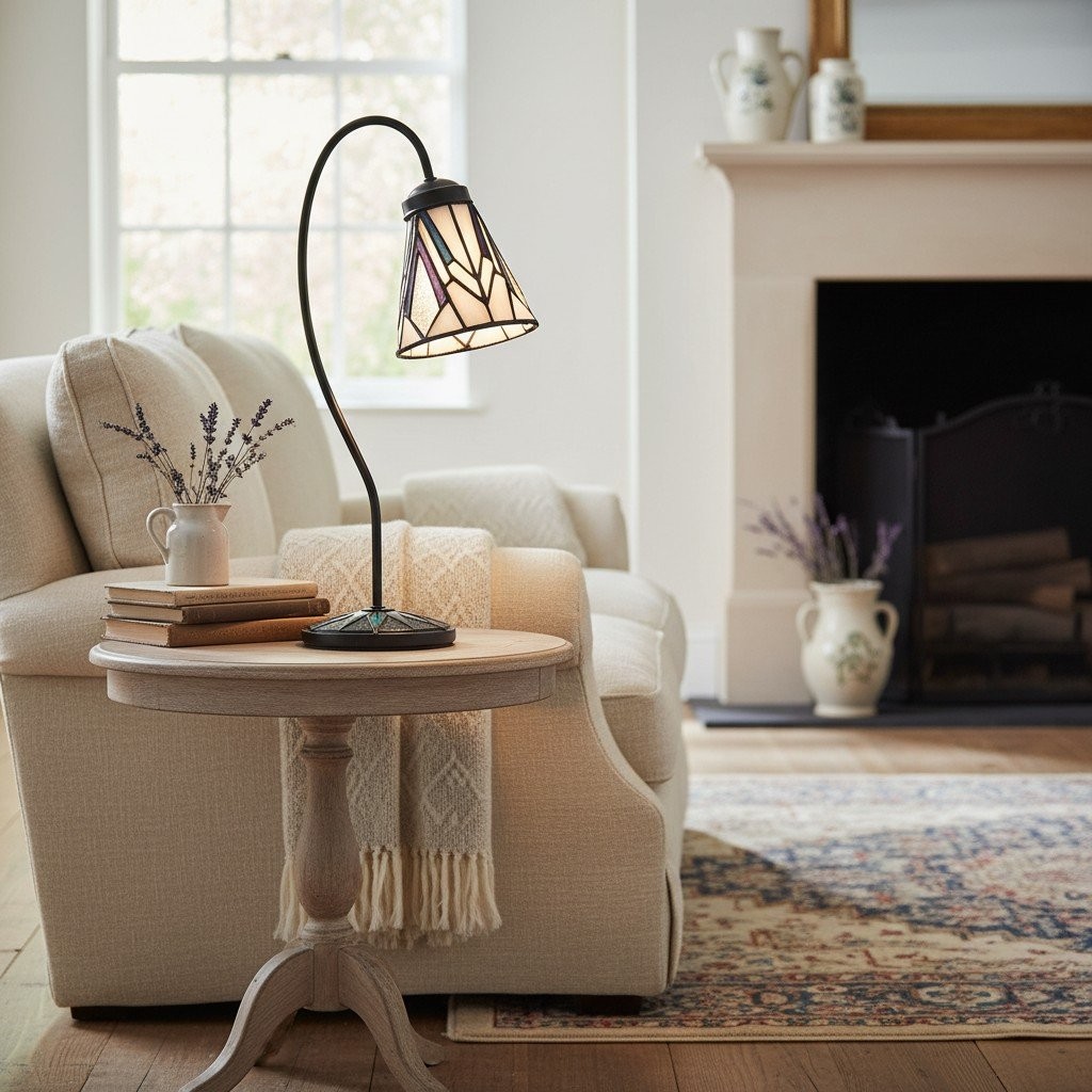TF Astoria Tiffany tafellamp - Gebogen arm met zwanenhals en art deco glazen kap voor op het bureau HL2222